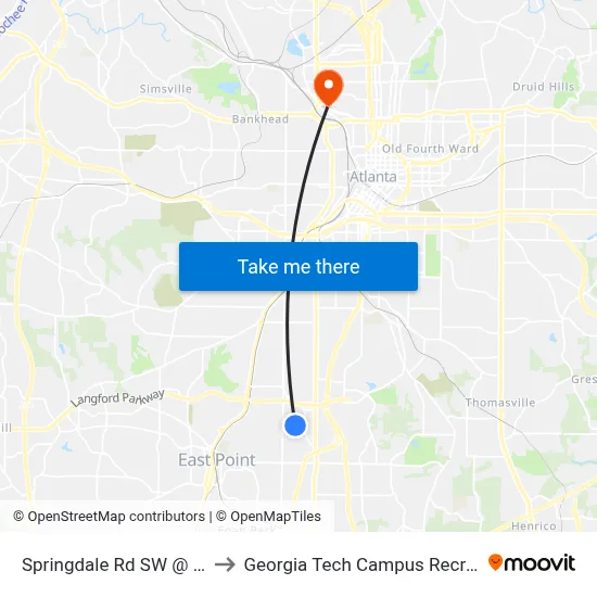 Springdale Rd SW @ Yale Pl SW to Georgia Tech Campus Recreation Center map