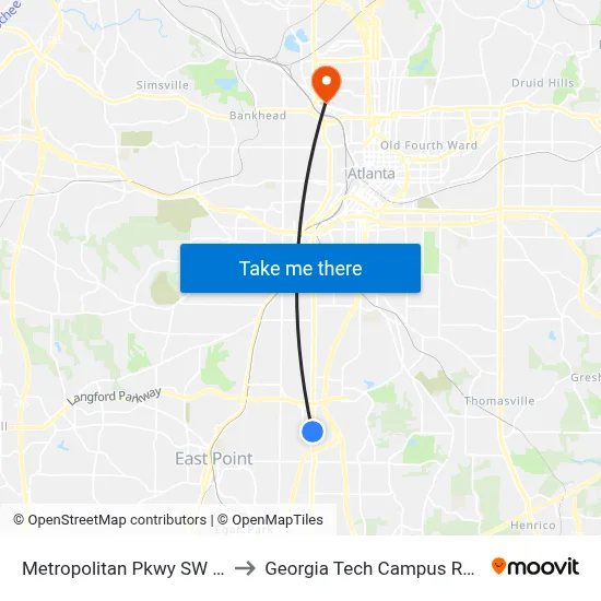 Metropolitan Pkwy SW @ Pegg Rd SW to Georgia Tech Campus Recreation Center map