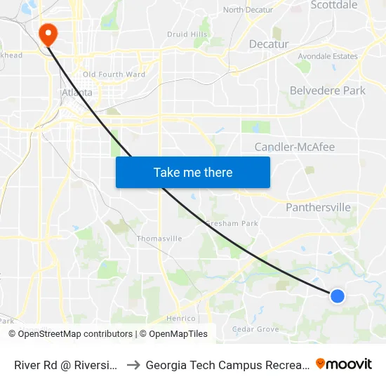 River Rd @ Riverside Pkwy to Georgia Tech Campus Recreation Center map