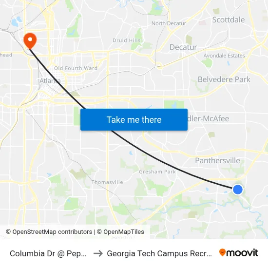 Columbia Dr @ Peppertree Cir to Georgia Tech Campus Recreation Center map
