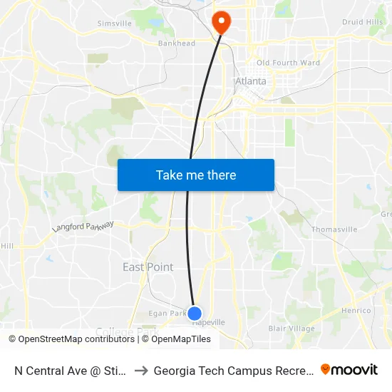 N Central Ave @ Stillwood Dr to Georgia Tech Campus Recreation Center map