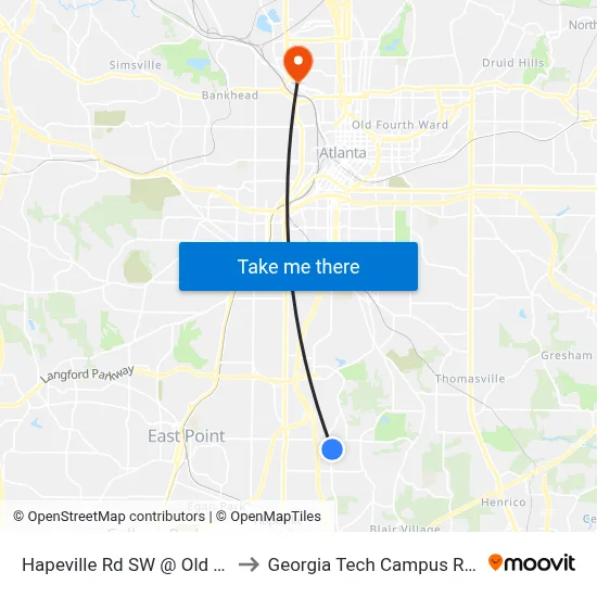 Hapeville Rd SW @ Old Hapeville Rd SW to Georgia Tech Campus Recreation Center map