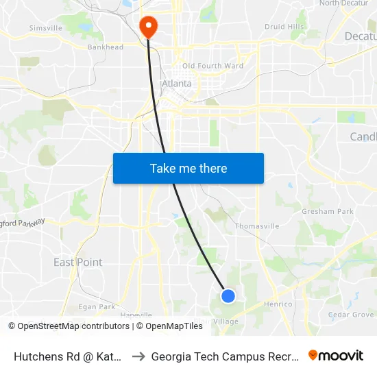Hutchens Rd @ Katomarick Dr to Georgia Tech Campus Recreation Center map