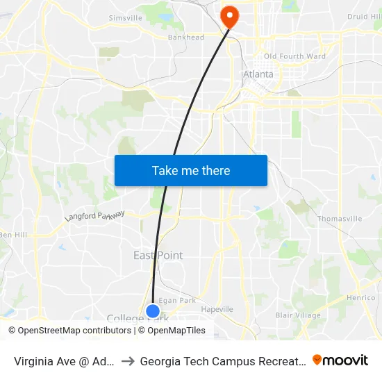 Virginia Ave @ Adams St to Georgia Tech Campus Recreation Center map