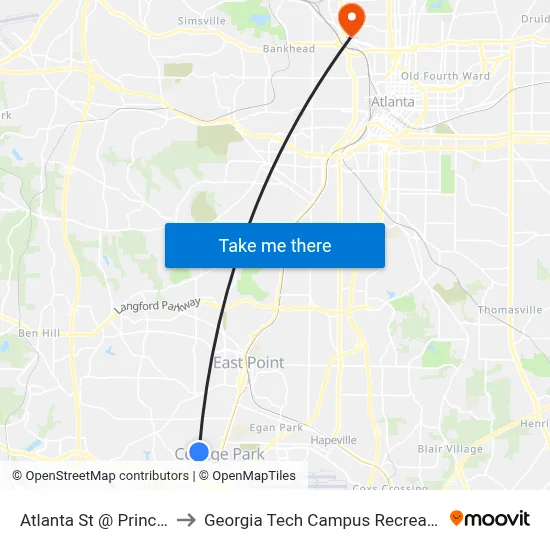 Atlanta St @ Princeton Dr to Georgia Tech Campus Recreation Center map