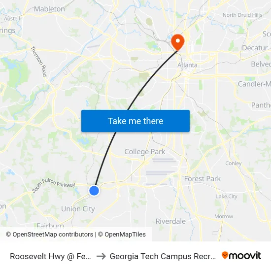 Roosevelt Hwy @ Feldwood Rd to Georgia Tech Campus Recreation Center map