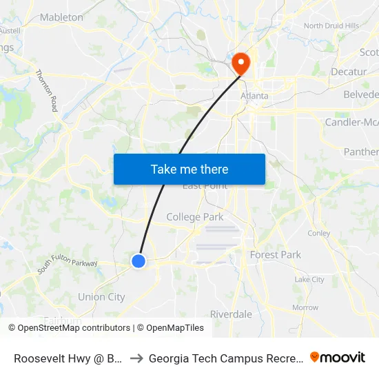 Roosevelt Hwy @ Ben Hill Rd to Georgia Tech Campus Recreation Center map