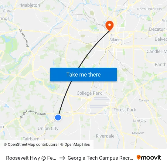 Roosevelt Hwy @ Feldwood Rd to Georgia Tech Campus Recreation Center map