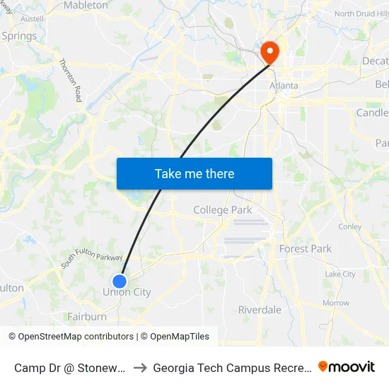 Camp Dr @ Stonewall Tell Rd to Georgia Tech Campus Recreation Center map