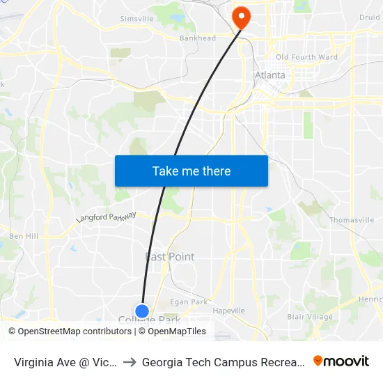 Virginia Ave @ Victoria St to Georgia Tech Campus Recreation Center map