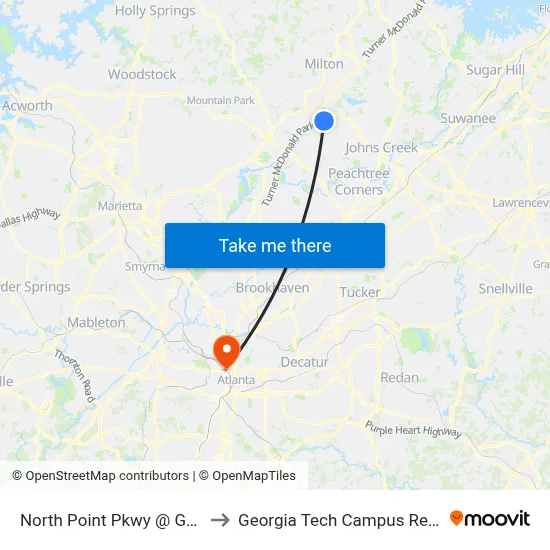 North Point Pkwy @ Great Oaks Way to Georgia Tech Campus Recreation Center map