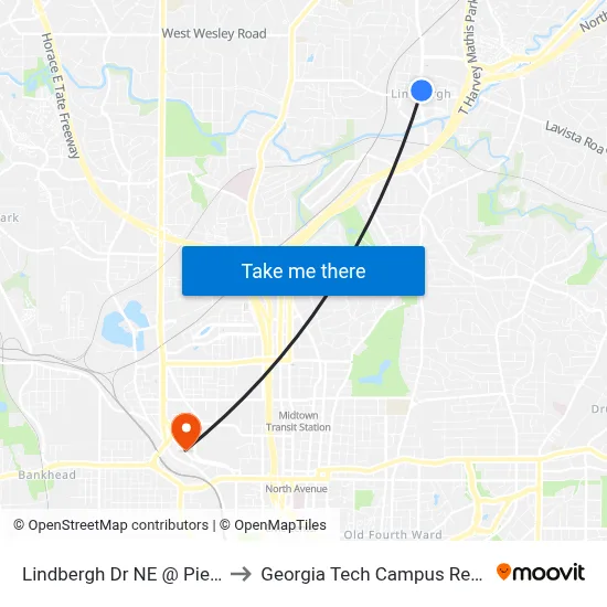 Lindbergh Dr NE @ Piedmont Rd NE to Georgia Tech Campus Recreation Center map