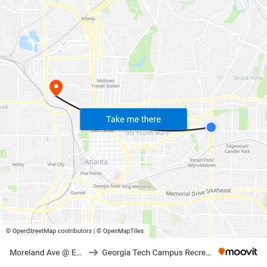 Moreland Ave @ Euclid Ave to Georgia Tech Campus Recreation Center map