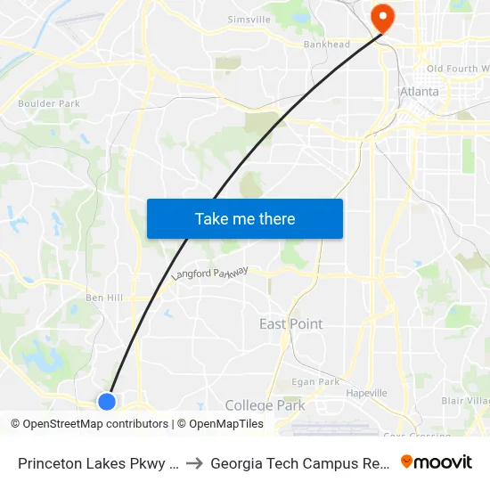 Princeton Lakes Pkwy @ Car Mia Dr to Georgia Tech Campus Recreation Center map