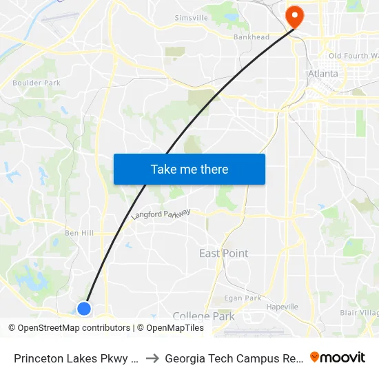 Princeton Lakes Pkwy @ Redwine Rd to Georgia Tech Campus Recreation Center map