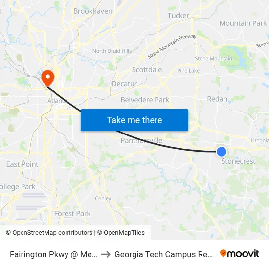 Fairington Pkwy @ Meadowood Cir to Georgia Tech Campus Recreation Center map