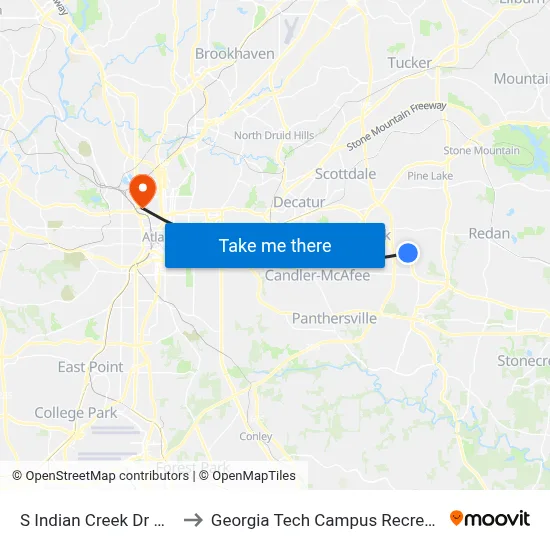 S Indian Creek Dr @ Inca Ct to Georgia Tech Campus Recreation Center map
