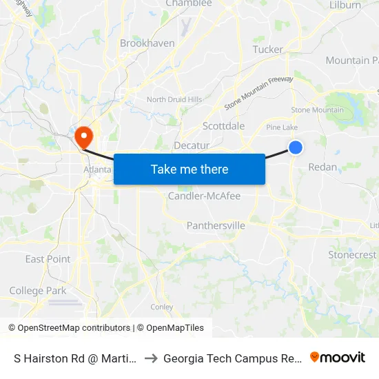 S Hairston Rd @ Martin Crossing Rd to Georgia Tech Campus Recreation Center map
