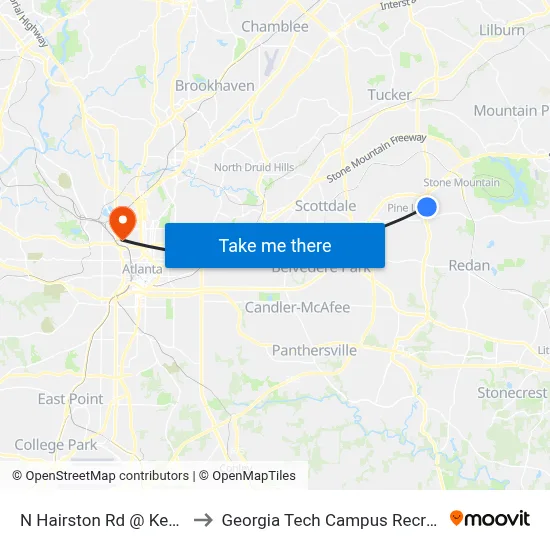 N Hairston Rd @ Kenilworth Dr to Georgia Tech Campus Recreation Center map