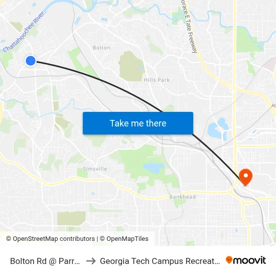 Bolton Rd @ Parrott Ave to Georgia Tech Campus Recreation Center map