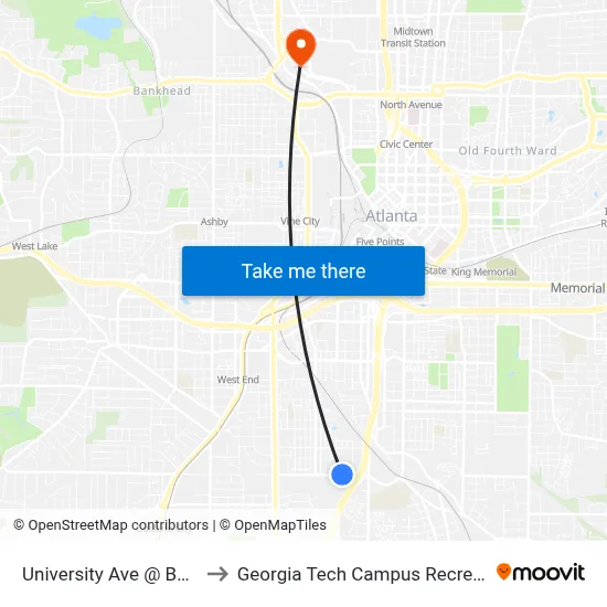 University Ave @ Booker Ave to Georgia Tech Campus Recreation Center map
