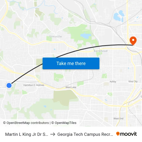 Martin L King Jr Dr SW @ 3050 to Georgia Tech Campus Recreation Center map