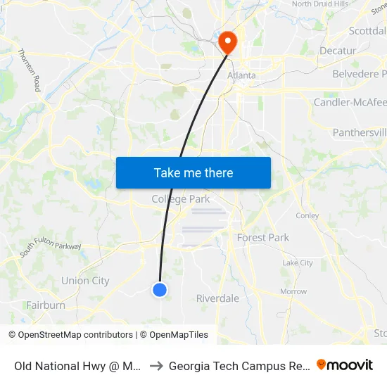 Old National Hwy @ Mcghee Landing to Georgia Tech Campus Recreation Center map