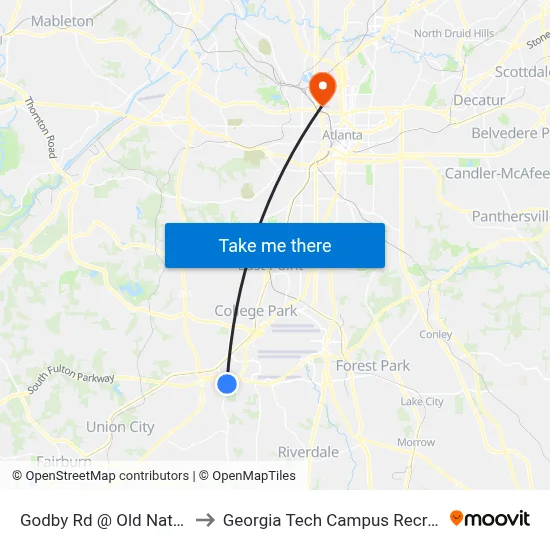 Godby Rd @ Old National Pkwy to Georgia Tech Campus Recreation Center map