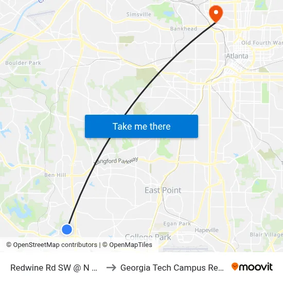 Redwine Rd SW @ N Commerce Dr to Georgia Tech Campus Recreation Center map