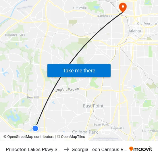 Princeton Lakes Pkwy SW @ Redwine Rd to Georgia Tech Campus Recreation Center map