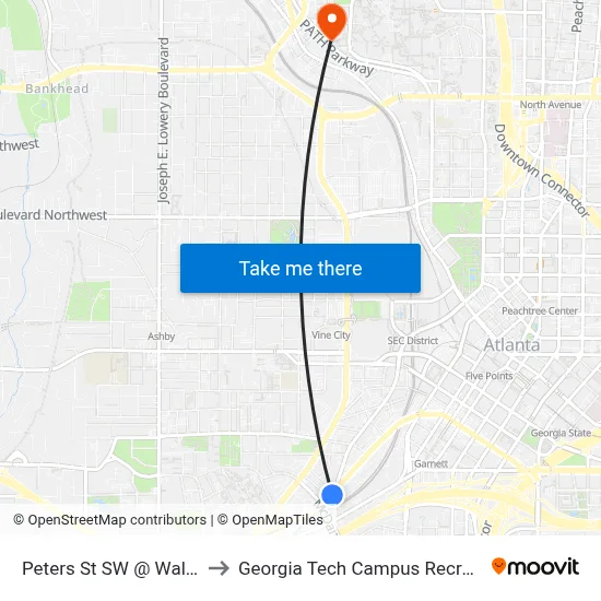 Peters St SW @ Walker St SW to Georgia Tech Campus Recreation Center map