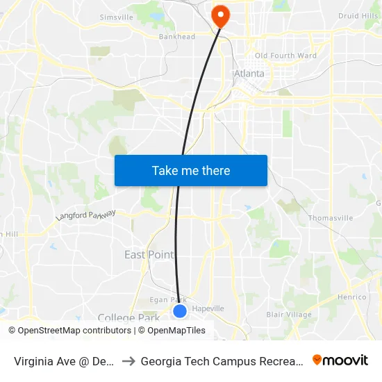Virginia Ave @ Delta Blvd to Georgia Tech Campus Recreation Center map