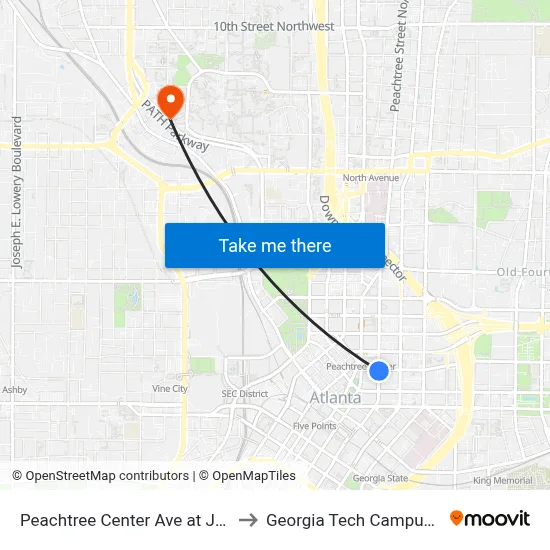Peachtree Center Ave at John Wesley Dobbs Ave to Georgia Tech Campus Recreation Center map