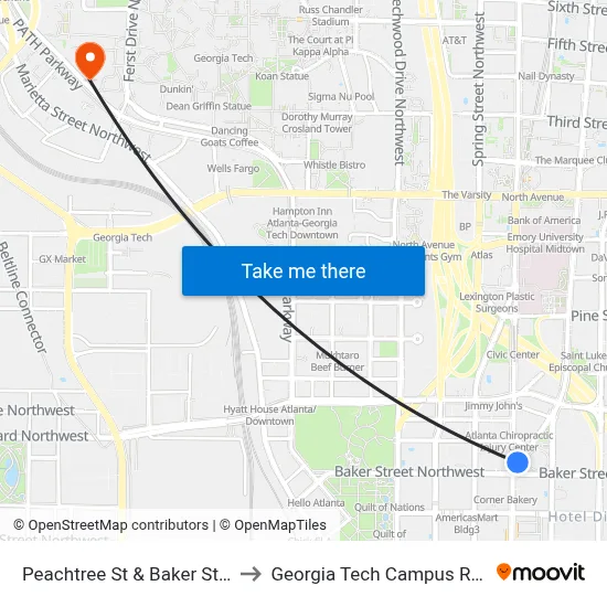 Peachtree St & Baker St (Suntrust Bldg) to Georgia Tech Campus Recreation Center map