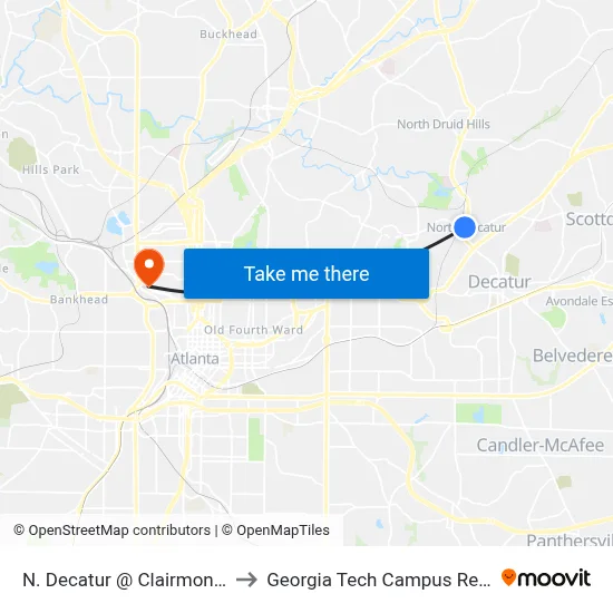N. Decatur @ Clairmont (Mcdonalds) to Georgia Tech Campus Recreation Center map