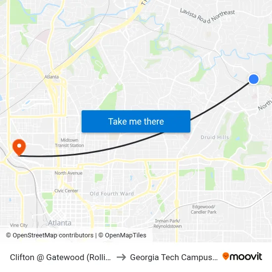 Clifton @ Gatewood (Rollins Sch Public Health) to Georgia Tech Campus Recreation Center map