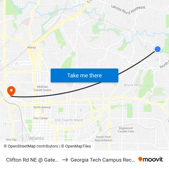 Clifton Rd NE @ Gatewood Rd NE to Georgia Tech Campus Recreation Center map