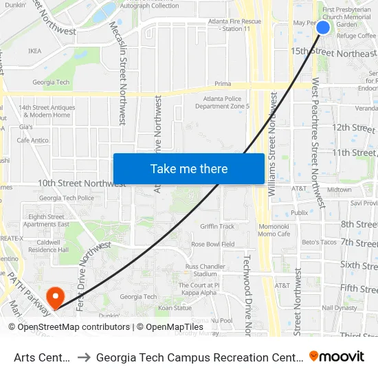 Arts Center to Georgia Tech Campus Recreation Center map