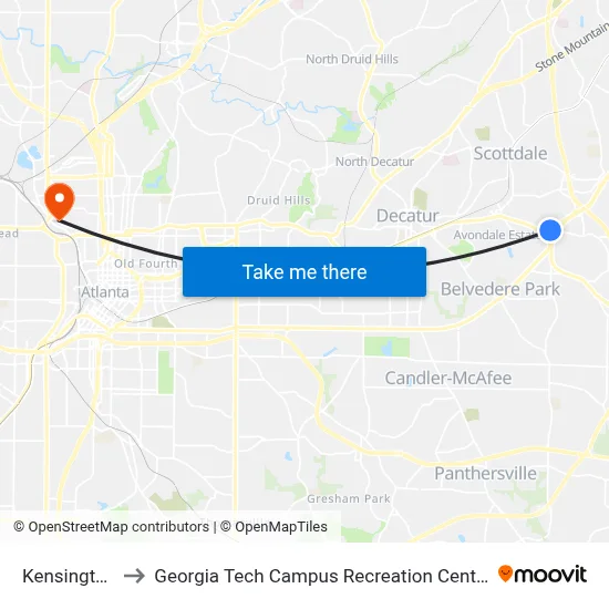 Kensington to Georgia Tech Campus Recreation Center map