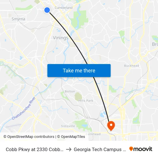 Cobb Pkwy at 2330 Cobb Apartment Homes to Georgia Tech Campus Recreation Center map