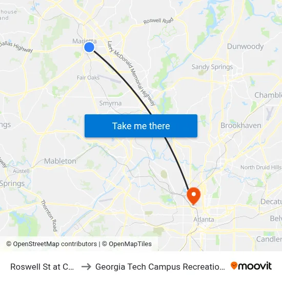 Roswell St at Cole St to Georgia Tech Campus Recreation Center map