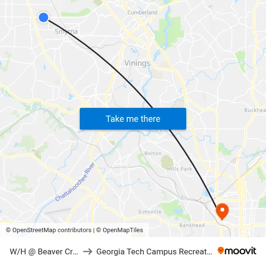 W/H @ Beaver Creek Rd to Georgia Tech Campus Recreation Center map