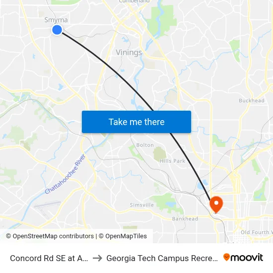 Concord Rd SE at Atlanta Rd to Georgia Tech Campus Recreation Center map