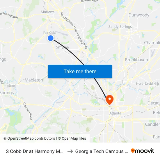S Cobb Dr at Harmony Meadows Apartments to Georgia Tech Campus Recreation Center map