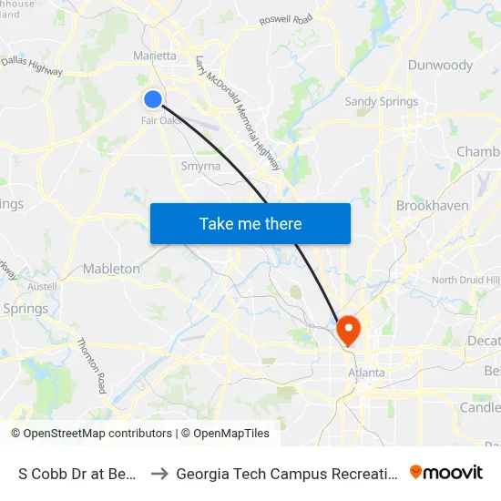 S Cobb Dr at Beech Rd to Georgia Tech Campus Recreation Center map