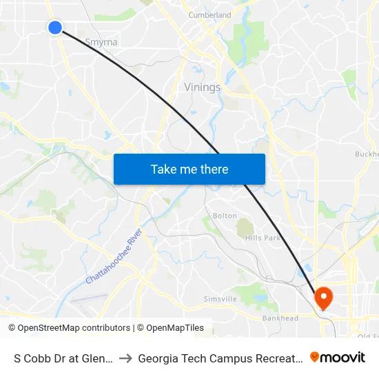 S Cobb Dr at Glendale Pl to Georgia Tech Campus Recreation Center map