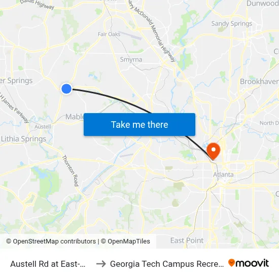 Austell Rd at East-West Conn to Georgia Tech Campus Recreation Center map