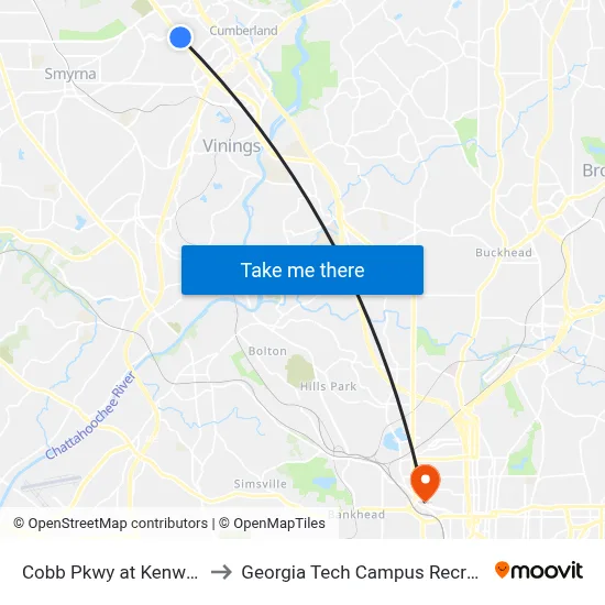 Cobb Pkwy at Kenwood Creek to Georgia Tech Campus Recreation Center map