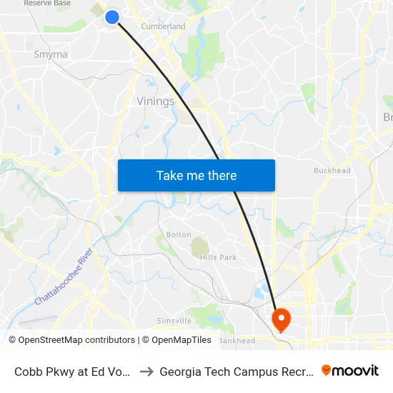 Cobb Pkwy at Ed Voyles Honda to Georgia Tech Campus Recreation Center map
