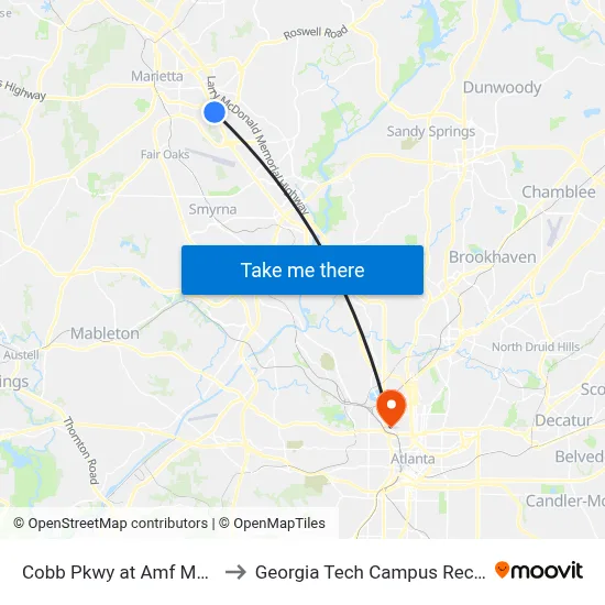 Cobb Pkwy at Amf Marietta Lanes to Georgia Tech Campus Recreation Center map